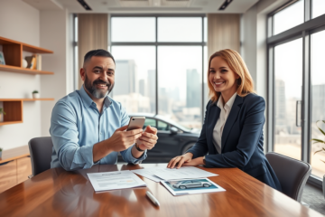 Homem e consultora financeira conversando em escritório moderno sobre refinanciamento de automóvel para dinheiro rápido