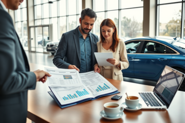 Casal em concessionária analisando financiamento de carro com parcelas menores e mais controle financeiro em ambiente iluminado.