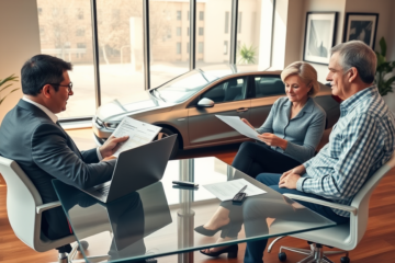 Consultor financeiro orientando casal sobre empréstimo com garantia para comprar carro em escritório moderno com carro visível ao fundo