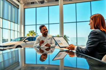 Casal conversando com consultor financeiro em concessionária moderna sobre crédito automotivo para aprovação nas melhores condições