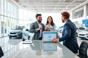 Casal recebendo aprovação online para crédito de trocar de carro em concessionária moderna e iluminada