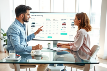 Casal jovem avaliando simulação de financiamento de veículo em escritório financeiro moderno com tela touchscreen exibindo parcelas