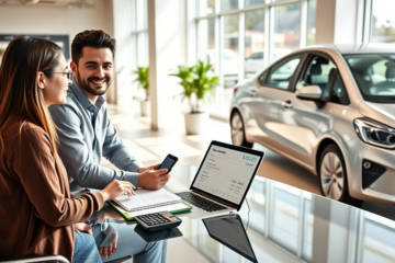 Casal jovem negociando financiamento de primeiro carro com parcelas controladas e bom custo-benefício em concessionária moderna