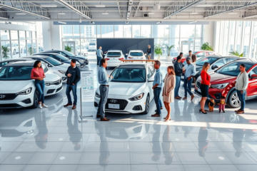 Sala de exposição de concessionária mostrando crédito para comprar carro com seções para novo, usado e seminovo e clientes interagindo