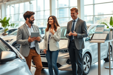 Casal jovem num concessionário moderno avaliando financiamento de automóvel com pouca entrada ao lado de vendedor e carro prateado