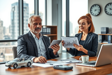 Consultor financeiro e cliente discutindo refinanciamento de veículo para liberar crédito em escritório moderno com modelo de carro na mesa