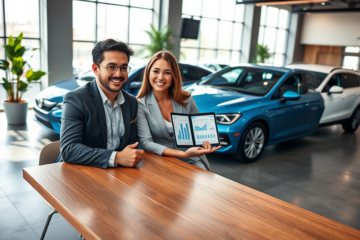 Jovem casal discutindo financiamento de carro com crédito pré-aprovado em concessionária moderna com consultor financeiro e carros novos.