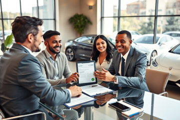Casal jovem e consultor financeiro conversando para financiamento de carro urgente em escritório moderno e iluminado