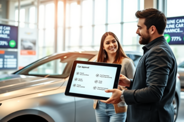 Casal em concessionária moderna contratando crédito online para carro de forma rápida e prática ao lado de vendedor com tablet touchscreen