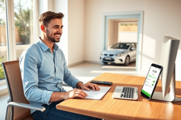 Homem jovem aprovando empréstimo rápido online para comprar veículo em escritório moderno junto ao carro novo na garagem