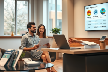 Casal jovem recebendo orientação de consultor financeiro moderno sobre crédito pessoal para entrada em banco com luz natural e ambiente profissional