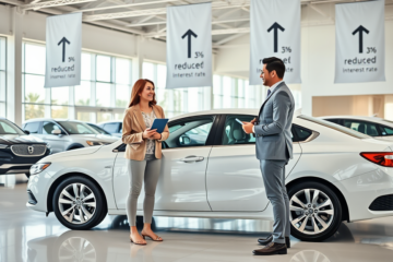 Casal feliz conversando com consultor financeiro em showroom moderno sobre financiamento de veículo seminovo com taxa reduzida
