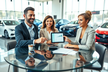 Casal recebendo orientação de consultor financeiro sobre financiamento automotivo com crédito flexível em concessionária moderna