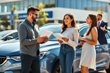 Casal sorridente próximo a carro usado azul metálico em concessionária, com representante explicando condições acessíveis de financiamento