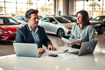 Homem e consultora financeira em concessionária moderna discutindo financiamento automotivo para aprovação