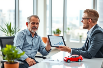Homem consultando um assessor financeiro sobre crédito automotivo para baixa pontuação em escritório moderno e iluminado