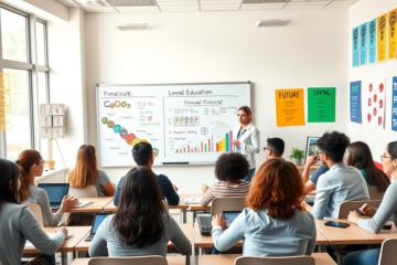 Estudantes aprendendo sobre educação financeira em sala de aula.