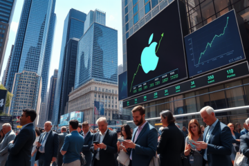 Gráfico mostrando o aumento das ações da Apple e seu valor de mercado acima de US$ 5 trilhões.