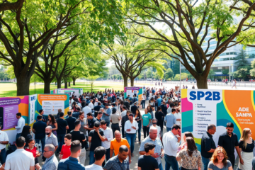 Evento SP2B no Parque Ibirapuera abordando empreendedorismo e inovação com participação de startups e especialistas.